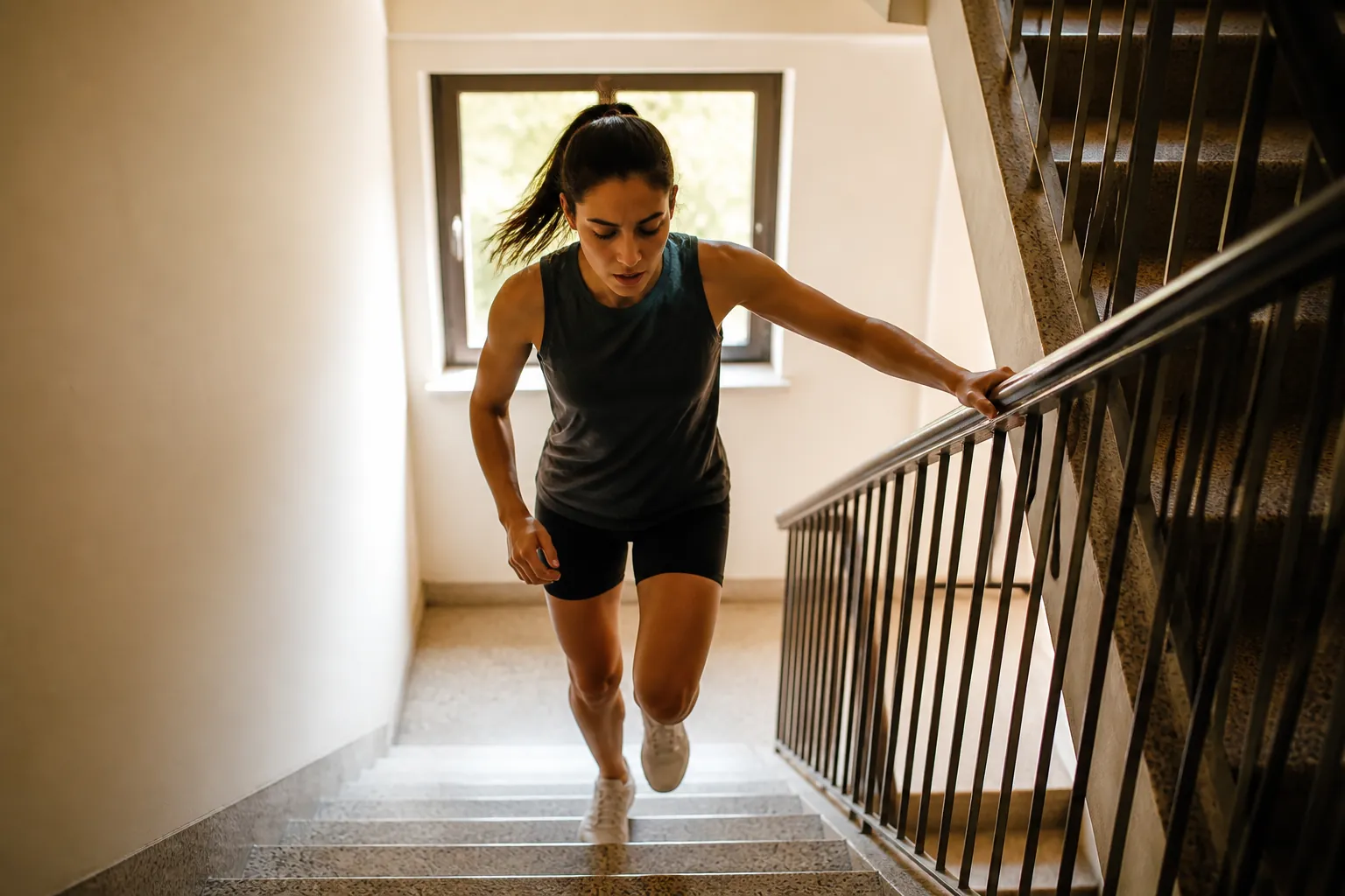 A person doing a quick interval run up an apartment stairwell while holding the railing