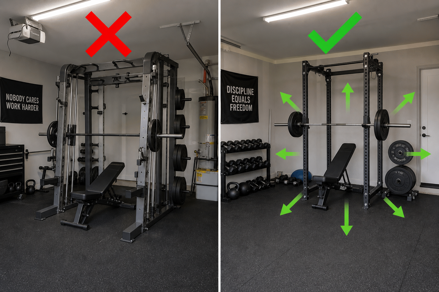A split comparison showing a bulky Smith machine on the left with a red X overlay and a compact power rack with barbell and plates on the right with a green checkmark and exercise-direction arrows, set in a realistic garage.