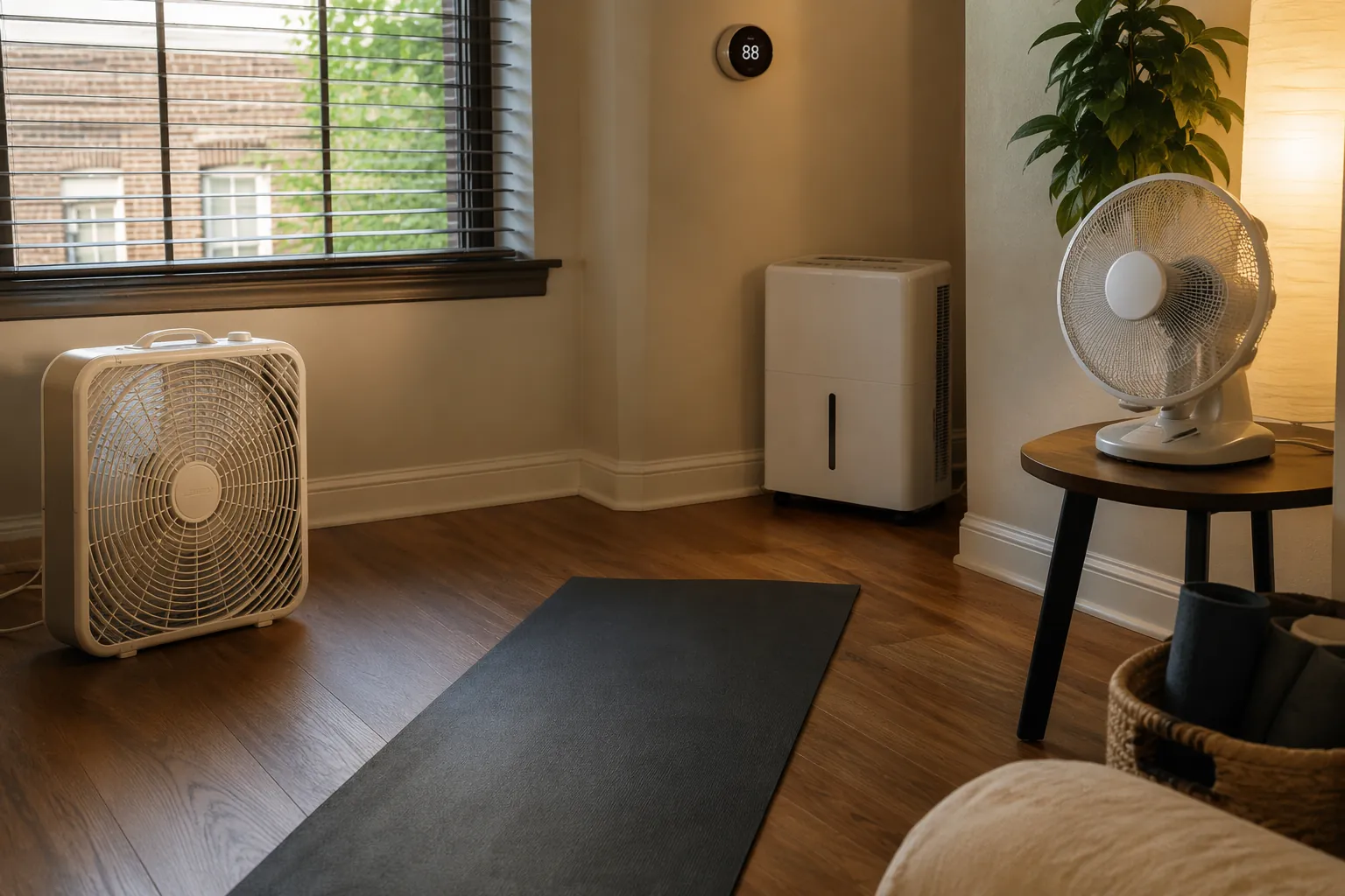 Small apartment room with two fans for cross-ventilation, a dehumidifier, yoga mat, and thermometer showing 88°F