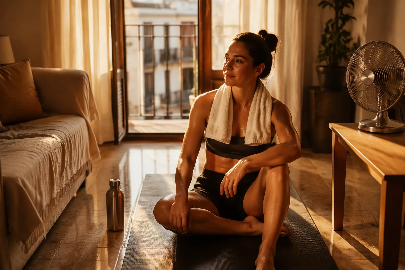 Person sitting on a yoga mat in a small warm apartment with a damp towel and fan nearby