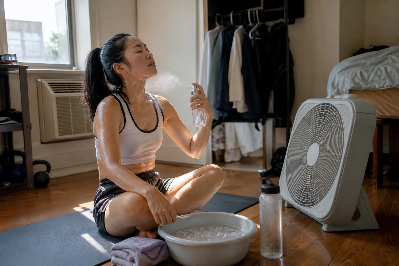 Person cooling down during a hot apartment workout with a spray bottle, box fan, forearm basin, towel, and cold water bottle