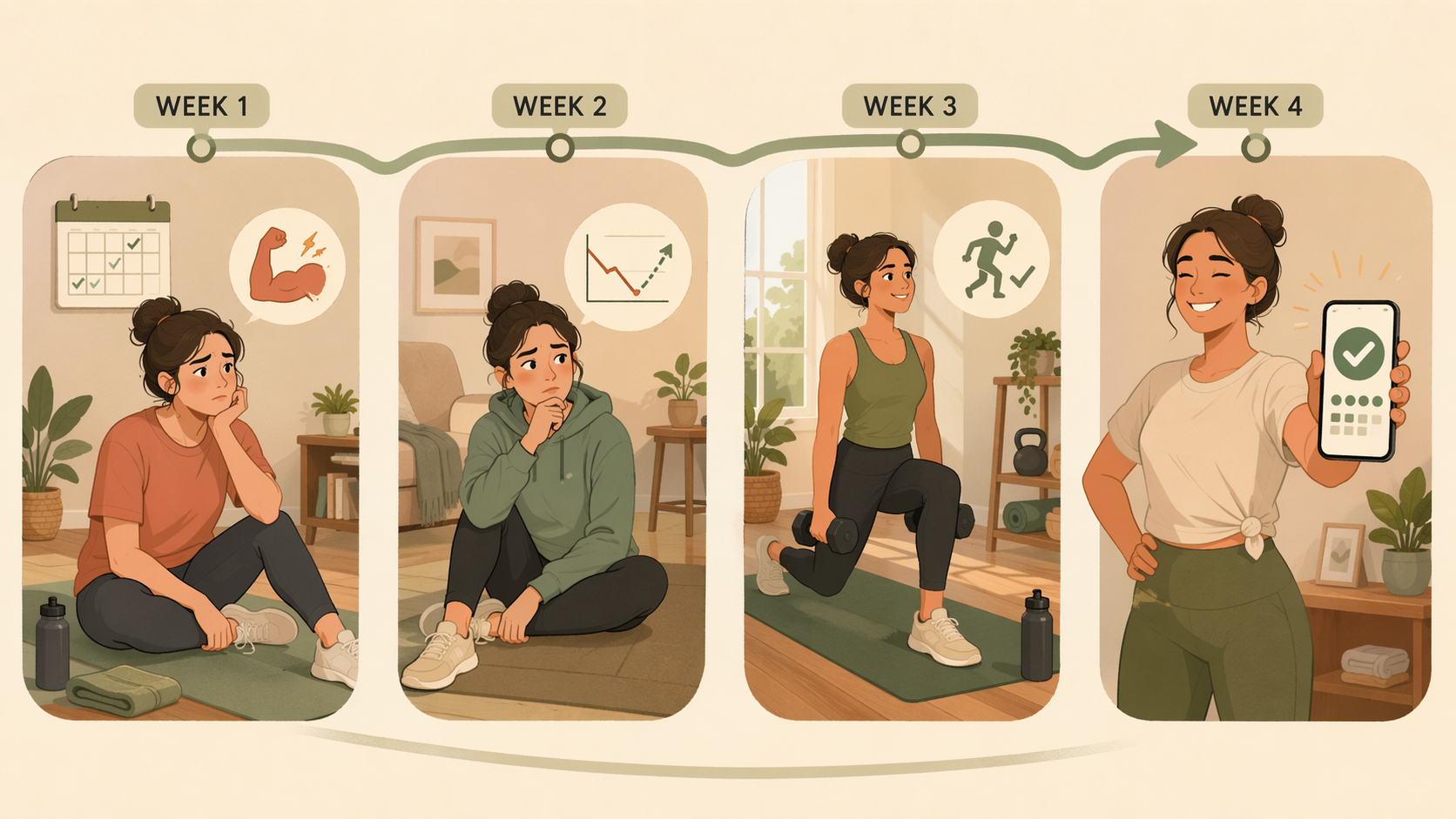A four-panel beginner fitness roadmap showing hesitation, a motivation dip, a confident mid-workout moment, and a streak completion.