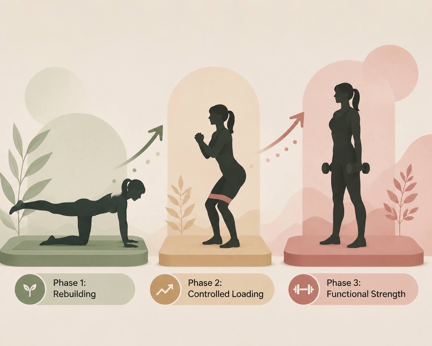Three-stage illustration of postpartum exercise progression from bodyweight floor work to resistance bands to light dumbbells
