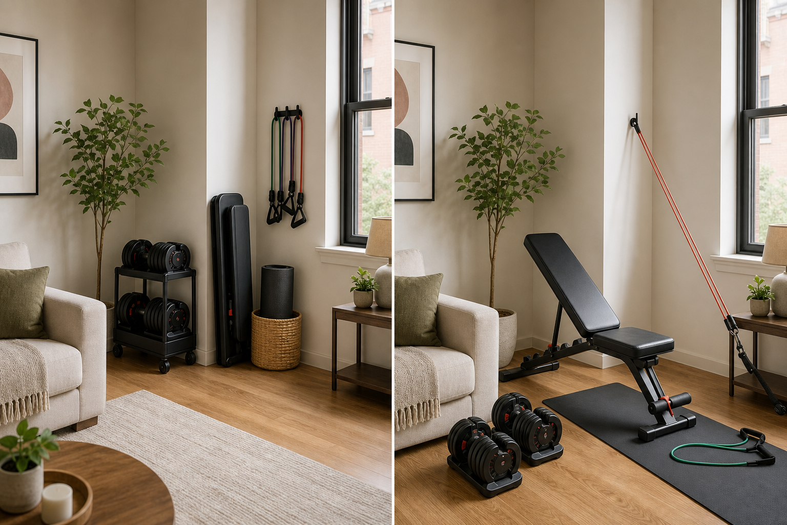 A split illustration of the same apartment corner in two states: on the left, equipment stowed away making the space look like a normal living room corner; on the right, the same corner shown in active use with bench unfolded, dumbbells on the floor, bands stretched out.