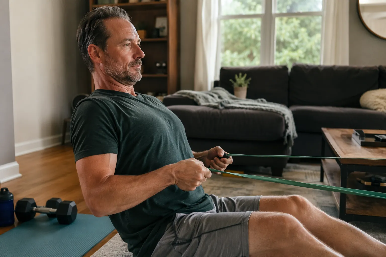 Man in his late 40s doing resistance band rows on a yoga mat in a sunlit living room