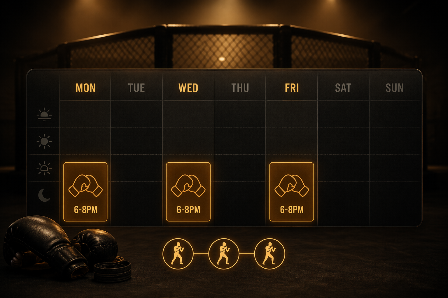 Weekly schedule with Monday, Wednesday, and Friday evenings highlighted for a three-day MMA training rhythm