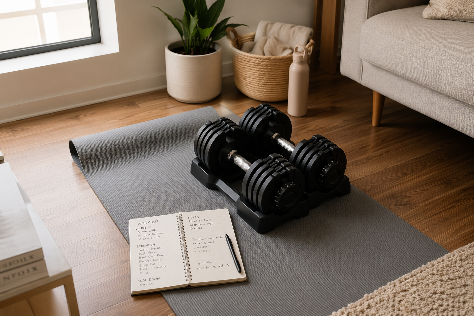 Flat-lay photograph of adjustable dumbbells on a yoga mat with a notebook, set on a hardwood floor in a bright apartment living space.