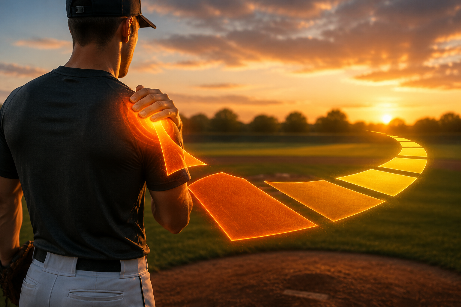 Baseball pitcher on a mound with a phased recovery path across the field