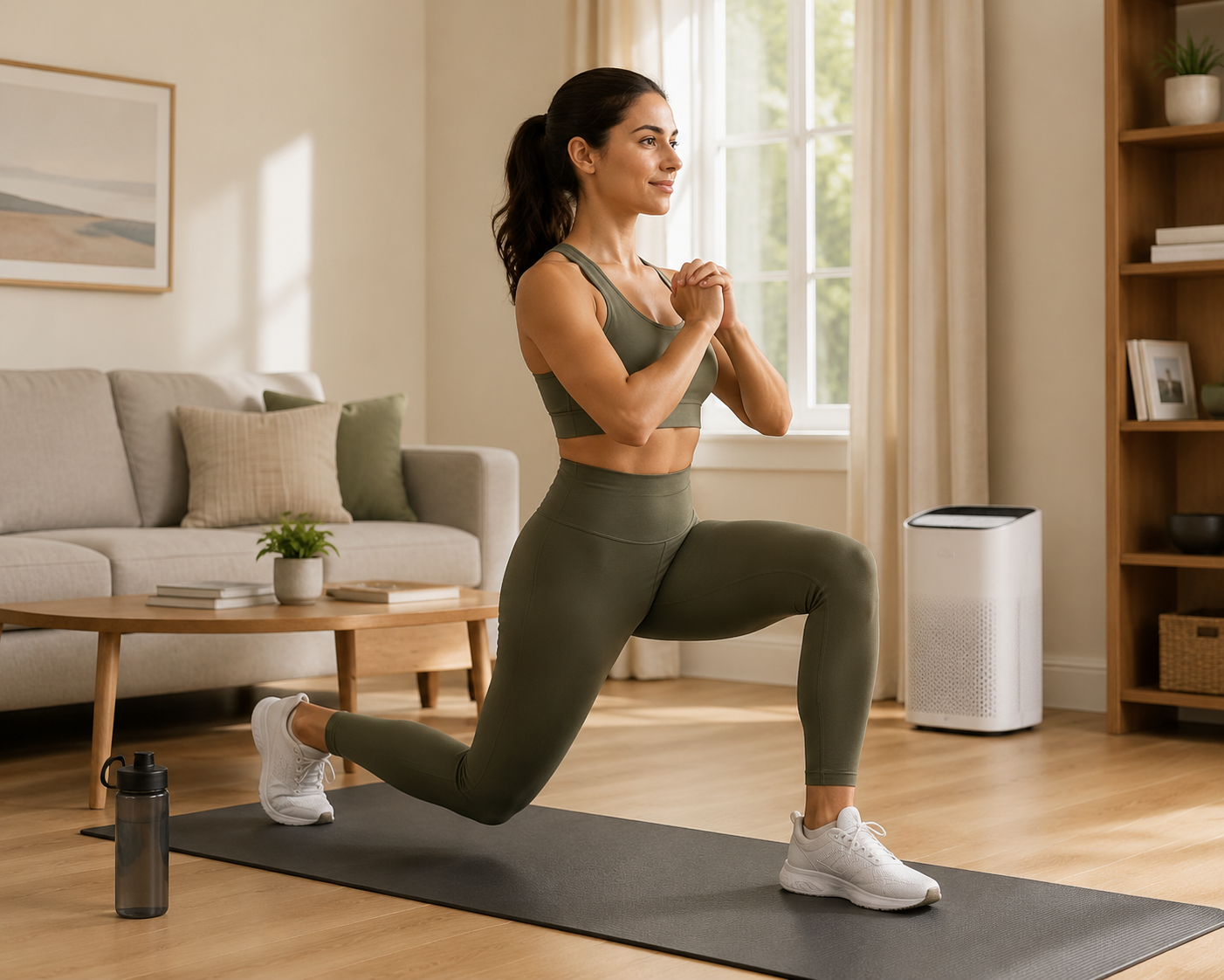 A person performing a controlled bodyweight lunge indoors near an air purifier