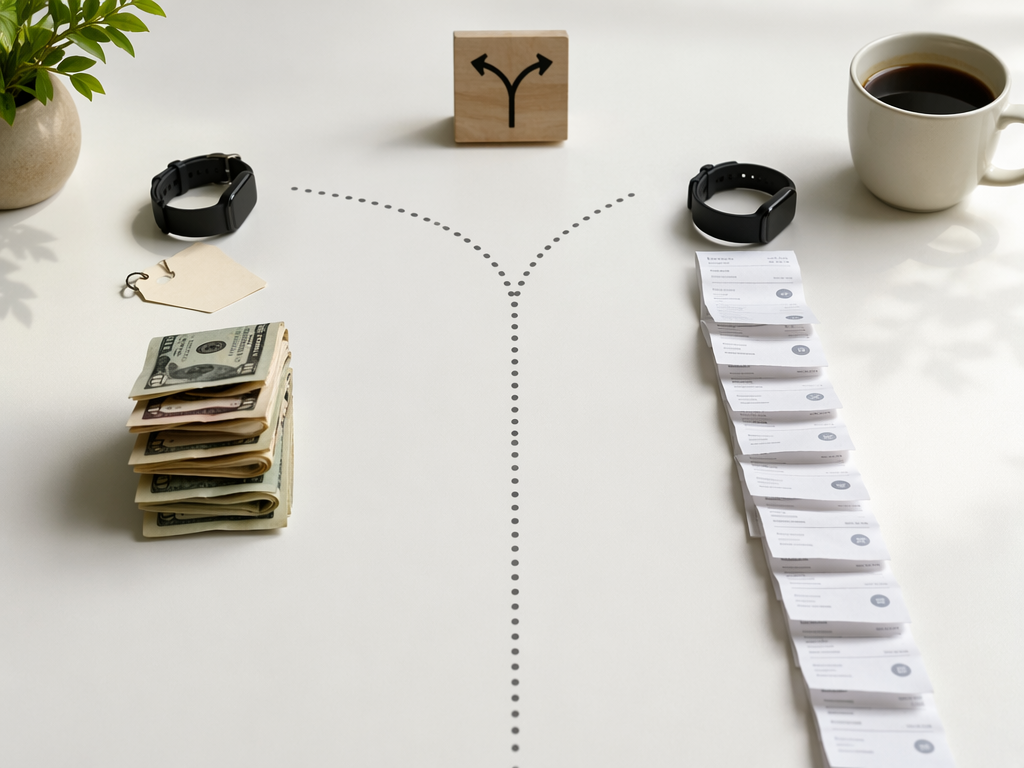 One-time fitness tracker price compared with a growing chain of monthly subscription receipts