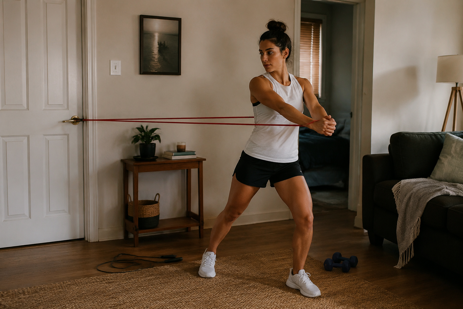 Tennis player doing a resistance band rotational exercise in a small apartment corner with dumbbells and a jump rope nearby
