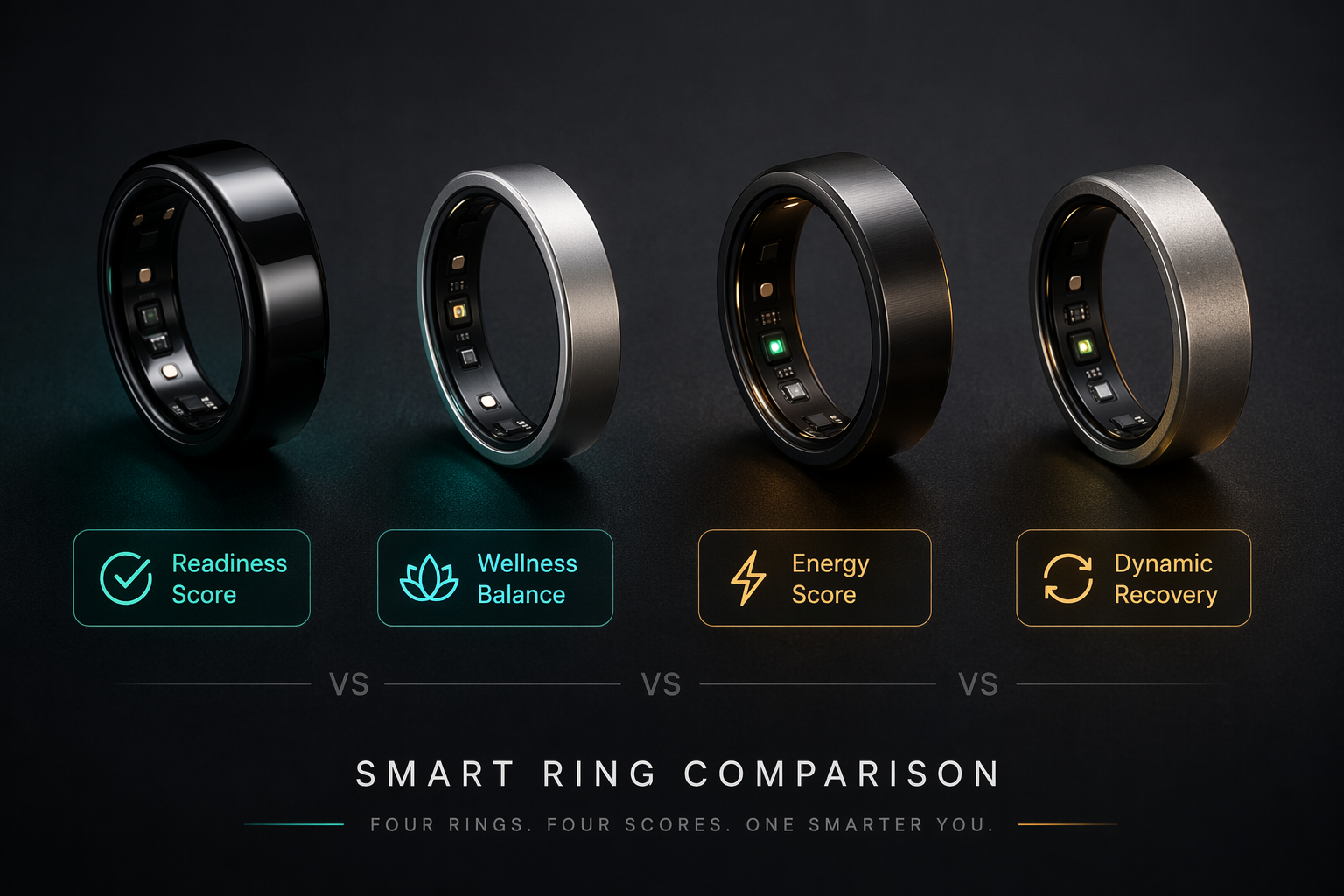 Four different smart rings arranged horizontally on a dark surface: a black ceramic ring, a thin matte silver ring, a titanium black ring, and a raw titanium ring. Beside each ring floats a small glowing label showing a score name: Readiness Score, Wellness Balance, Energy Score, and Dynamic Recovery.