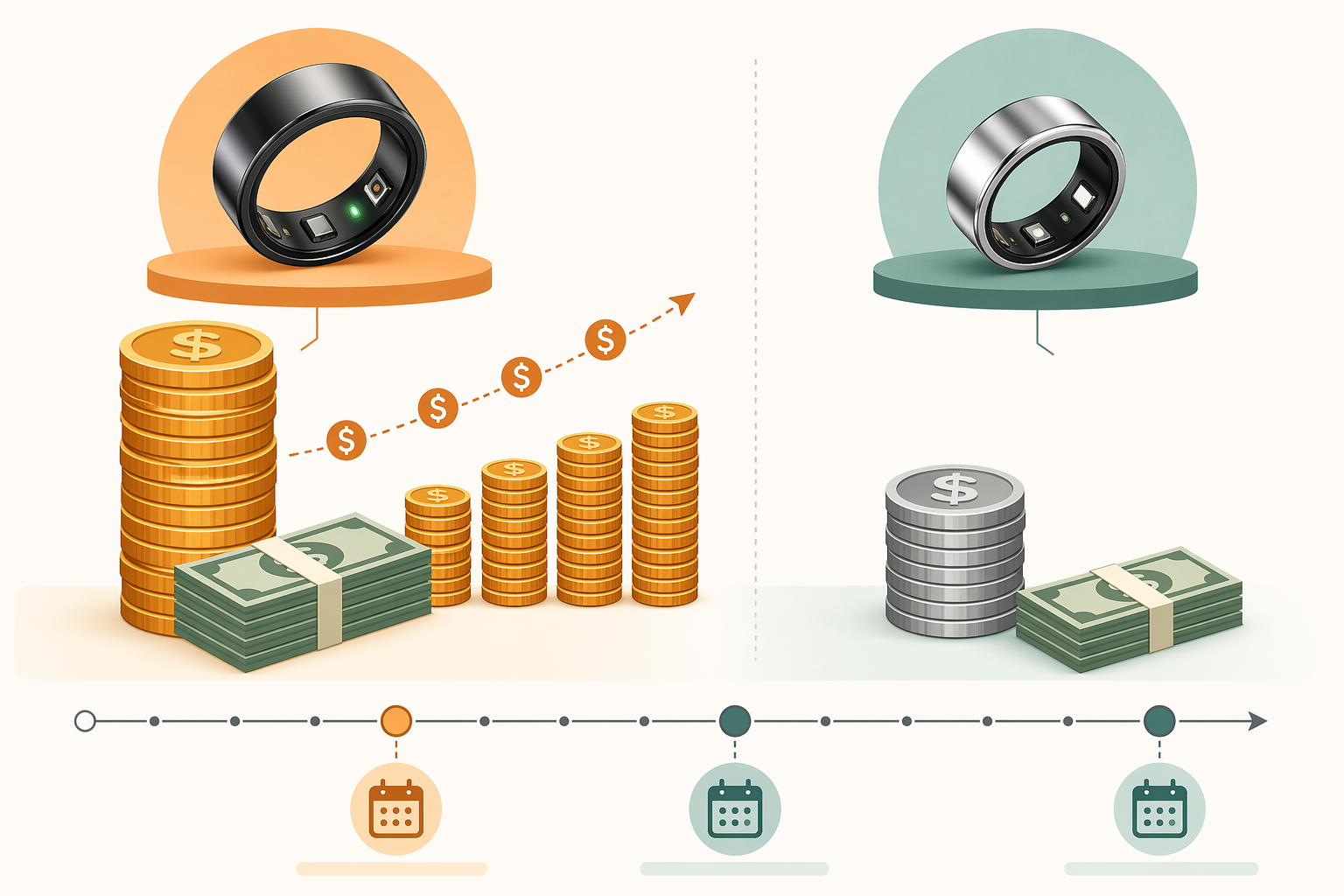 Two coin stacks comparing long-term subscription cost against a lower no-subscription smart ring cost