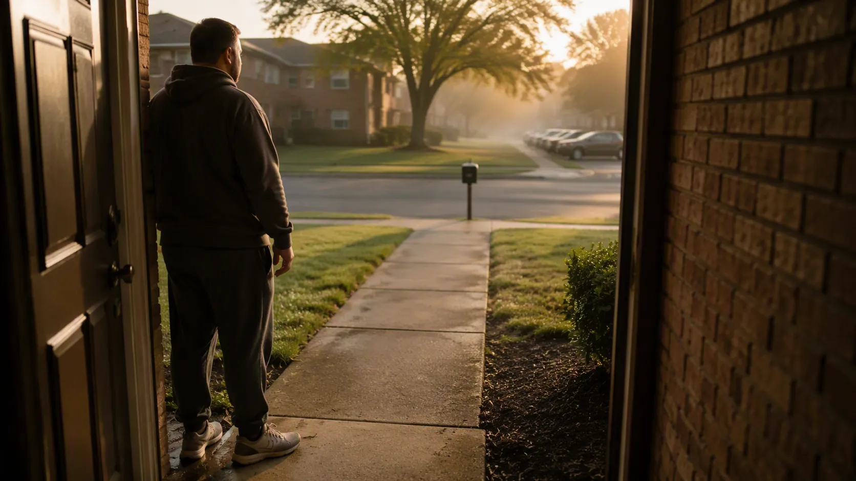 A heavier-set man in a hoodie stands at an apartment doorway looking toward a mailbox at dawn