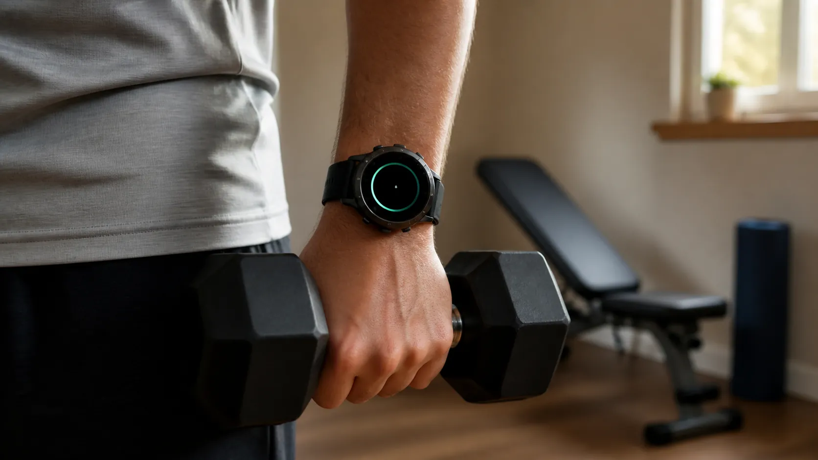 A rugged smartwatch worn during a dumbbell workout in a compact apartment gym, with a folded bench and yoga mat in the background.
