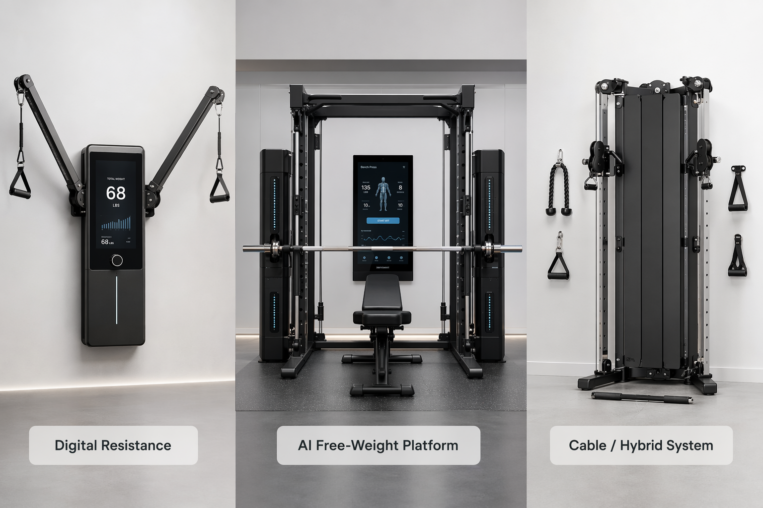 Three-panel infographic showing a wall-mounted digital resistance unit, an AI free-weight platform, and a compact cable hybrid system on a soft gradient background with category labels.