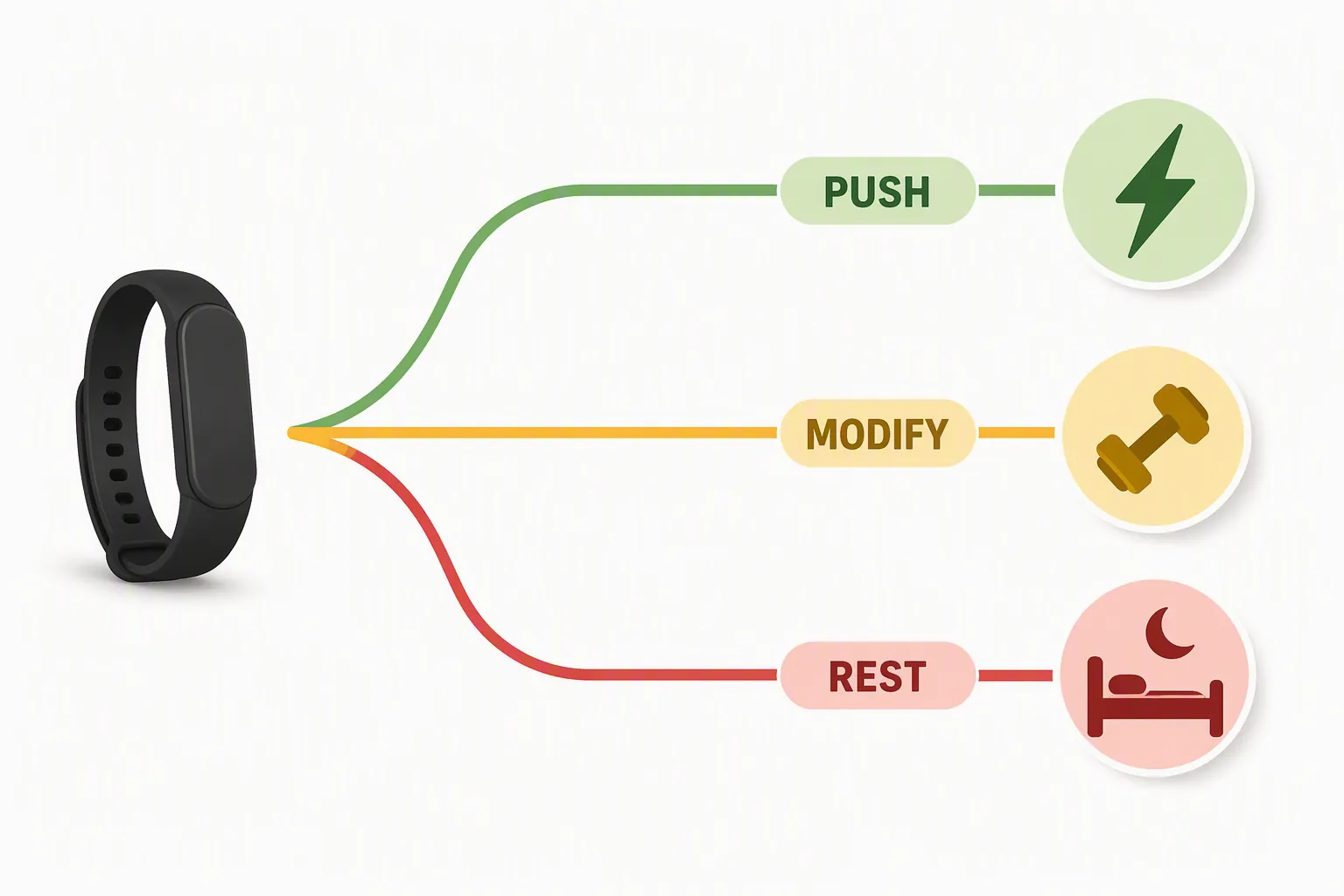 Three-lane home workout decision flow leading to push, modify, or rest
