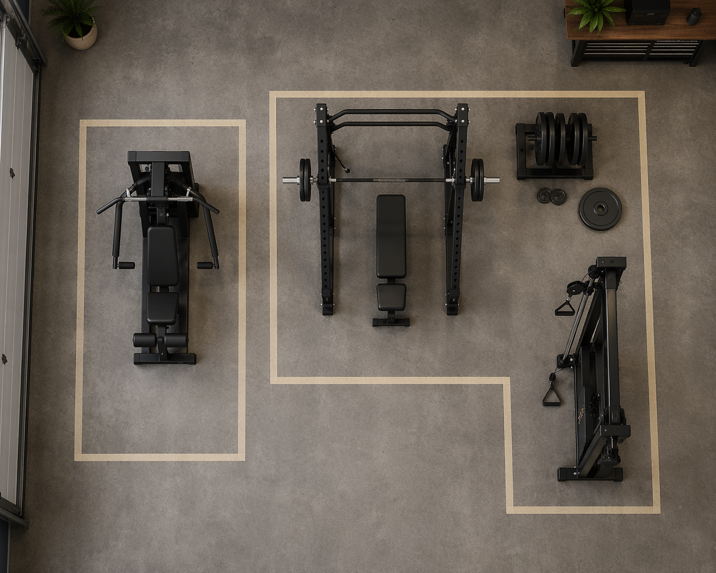 Top-down floor plan comparing compact all-in-one and separate gym footprints
