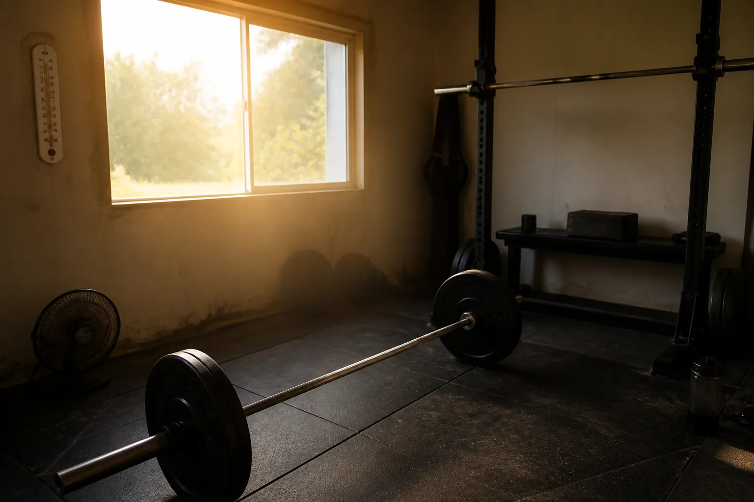 Warm garage gym with weights, rubber flooring, fan, and wall thermometer in summer afternoon light