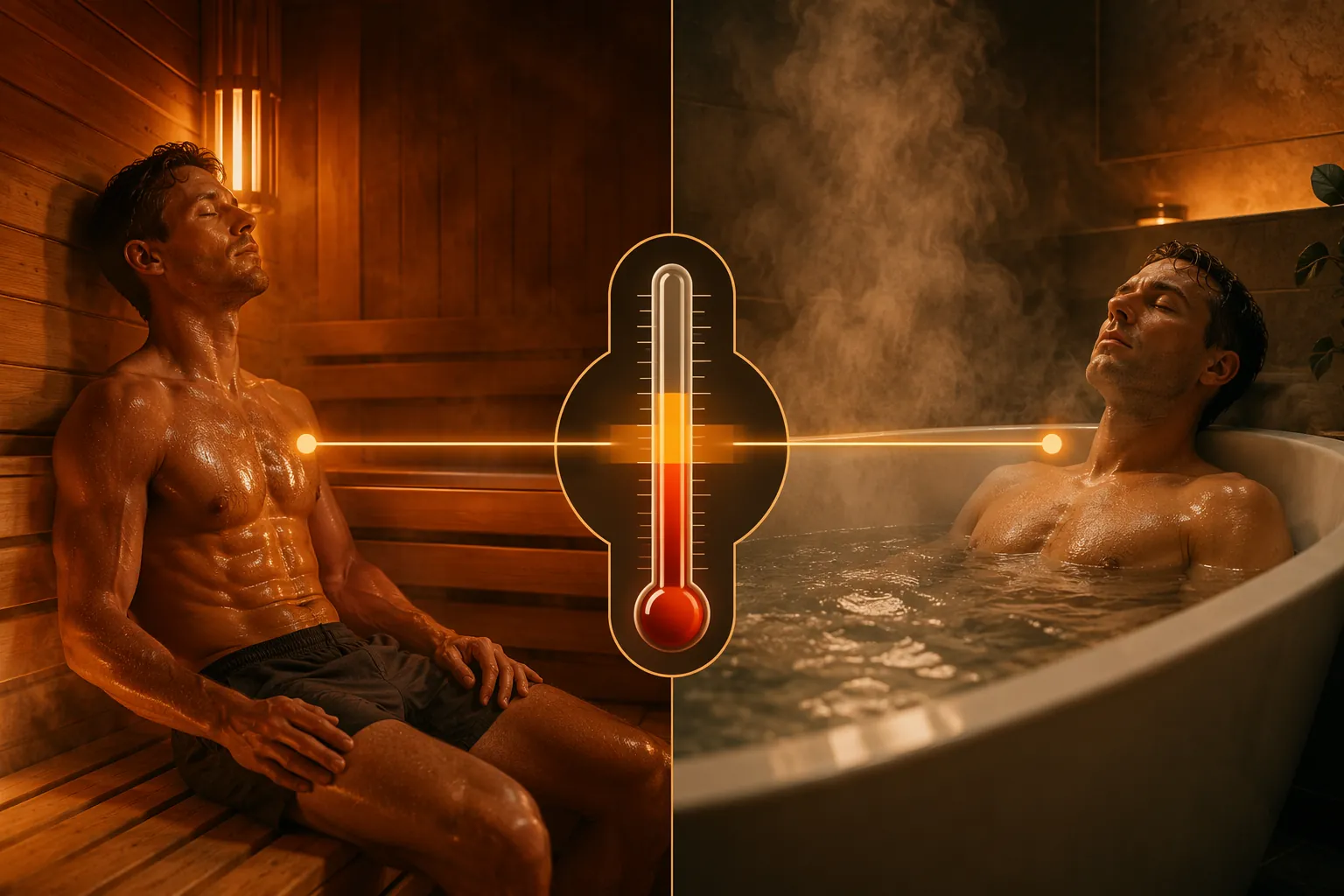 Side-by-side comparison of dry sauna and hot water immersion targeting the same 38 to 38.5 degree Celsius core temperature zone