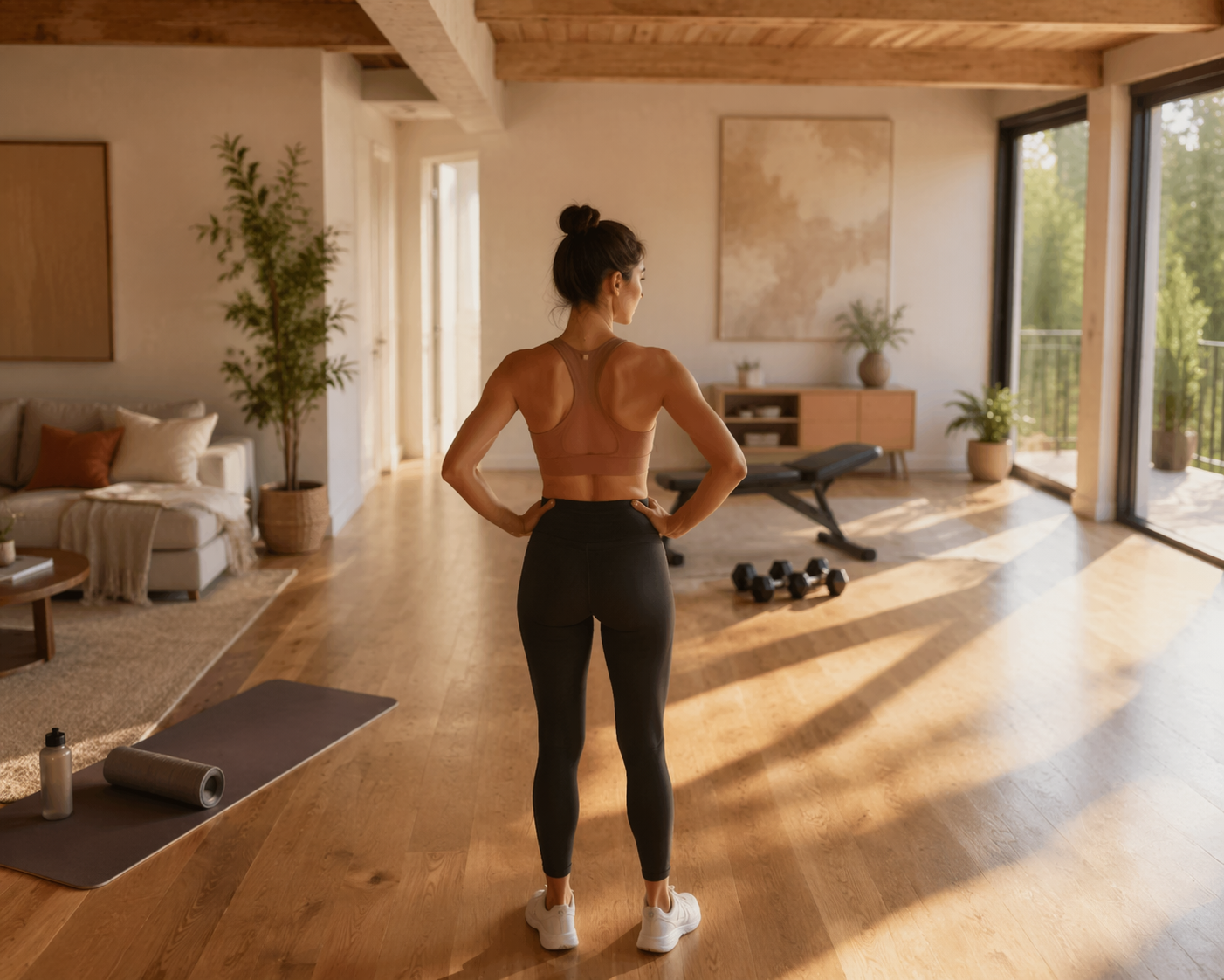 Woman standing in a bright living room surrounded by workout zones for yoga, dumbbells, and open-space training
