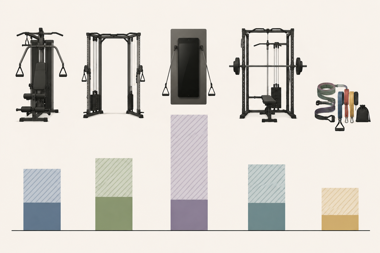 Simplified home gym machine icons with stacked bars comparing upfront purchase price and five-year subscription fees