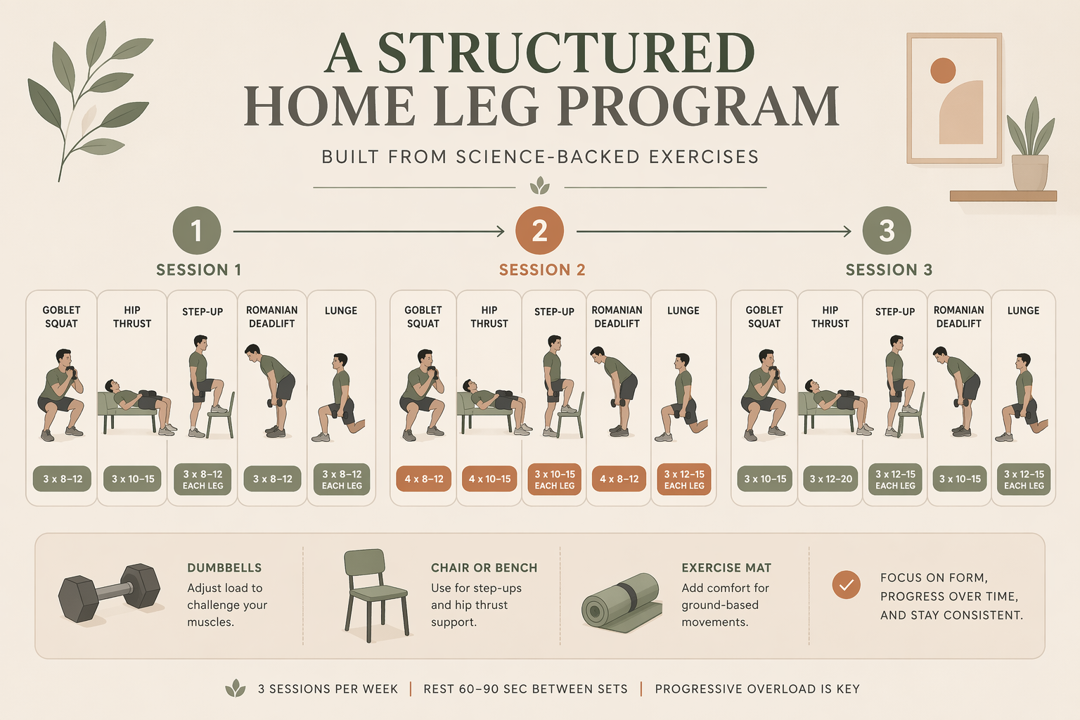 An editorial illustration showing three workout session icons arranged horizontally, each containing miniature exercise figures (goblet squat, hip thrust, step-up, RDL, lunge) with dots indicating sets and reps. Dumbbell, chair, and mat icons sit at the bottom.