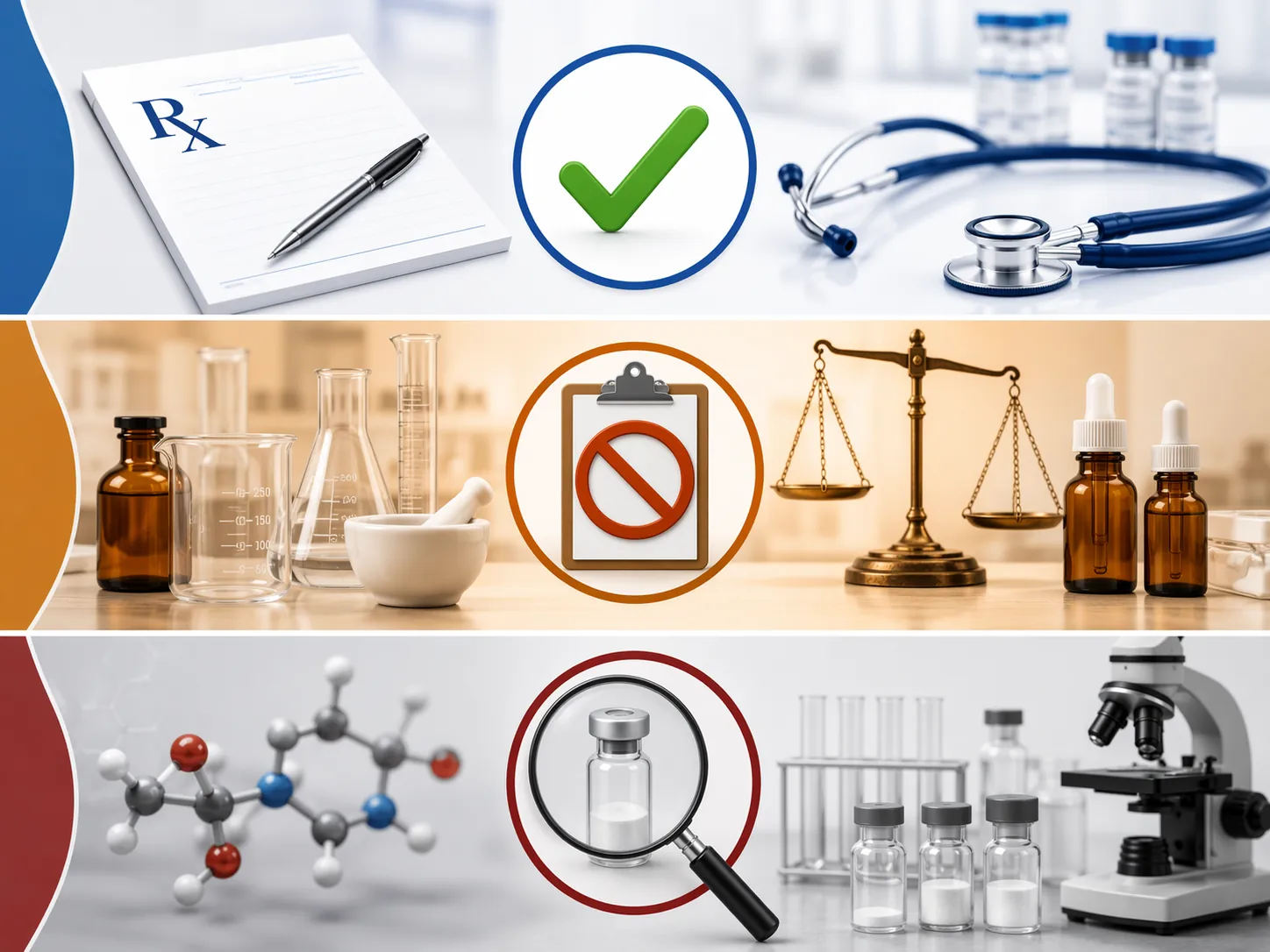 Three-tier visual showing FDA-approved peptides, compounding-restricted peptides, and research chemicals