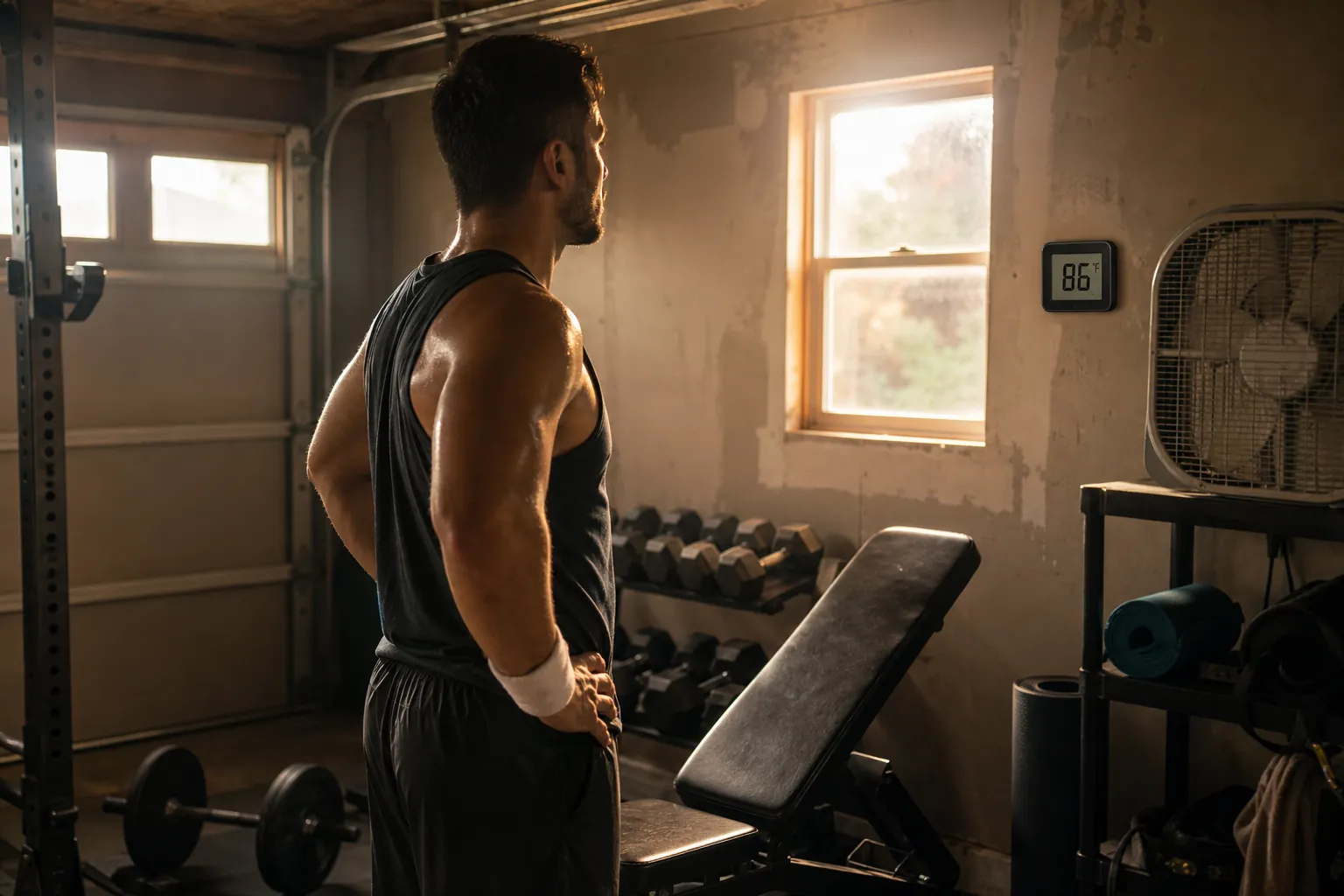 Home exerciser checking an 86°F thermometer in a garage gym with a box fan nearby