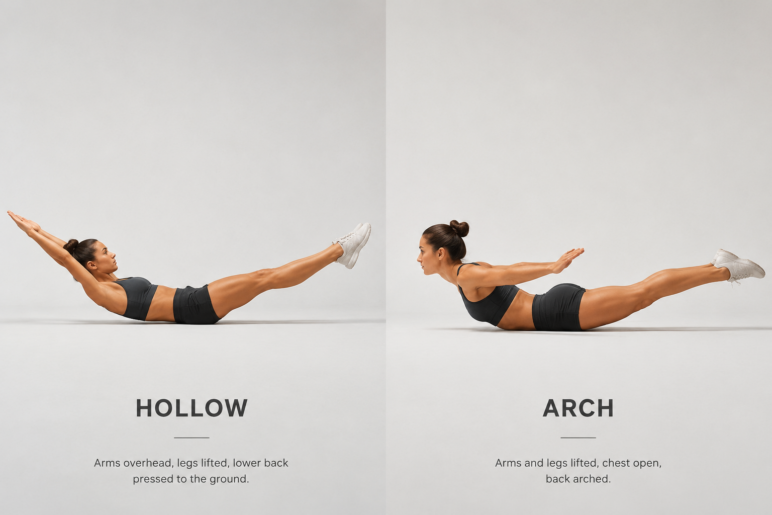 Side-by-side comparison of hollow body hold and arch rock positions on a mat.