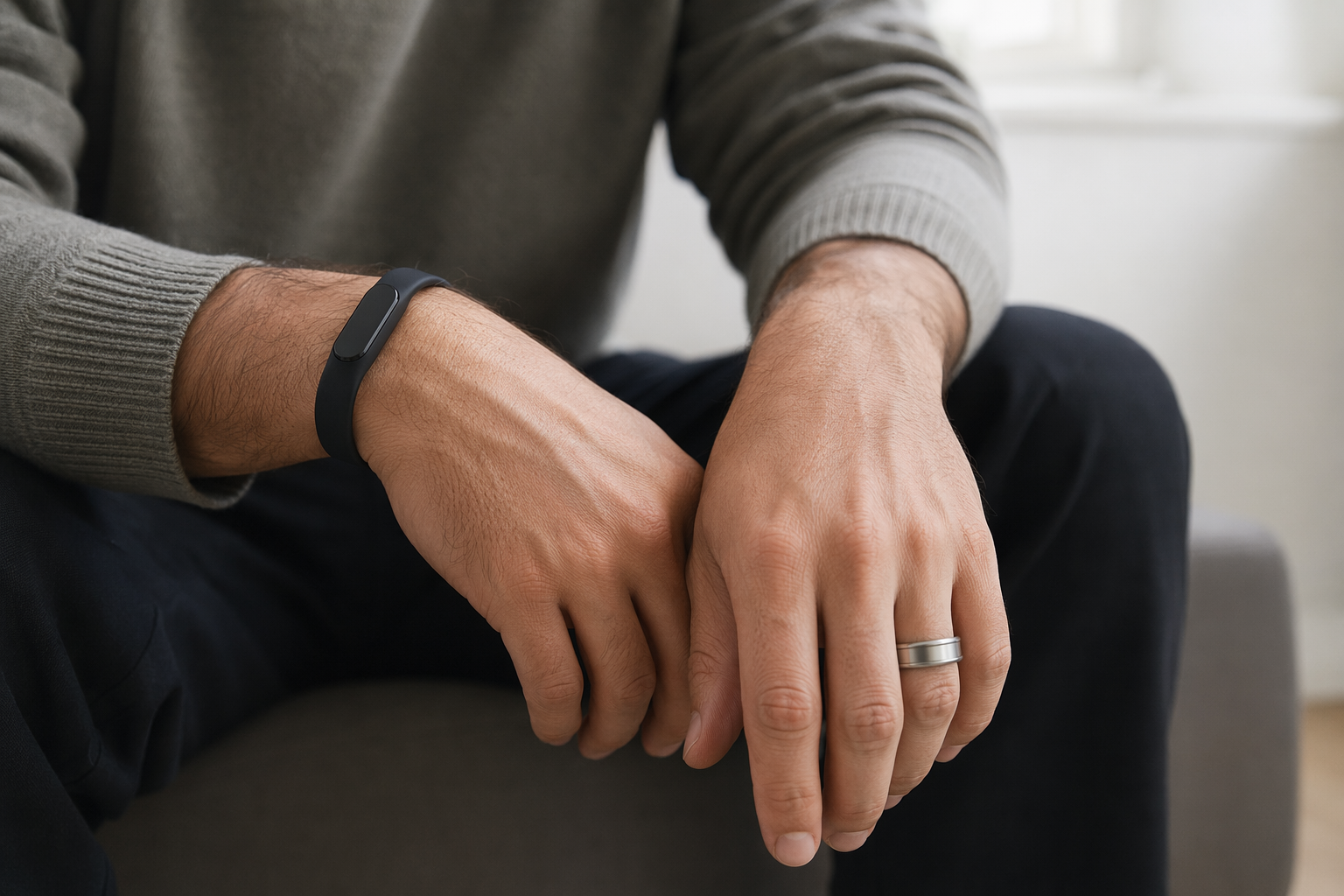 Fitbit Air wrist band and Oura Ring 4 worn side by side to show the difference between band and ring form factors