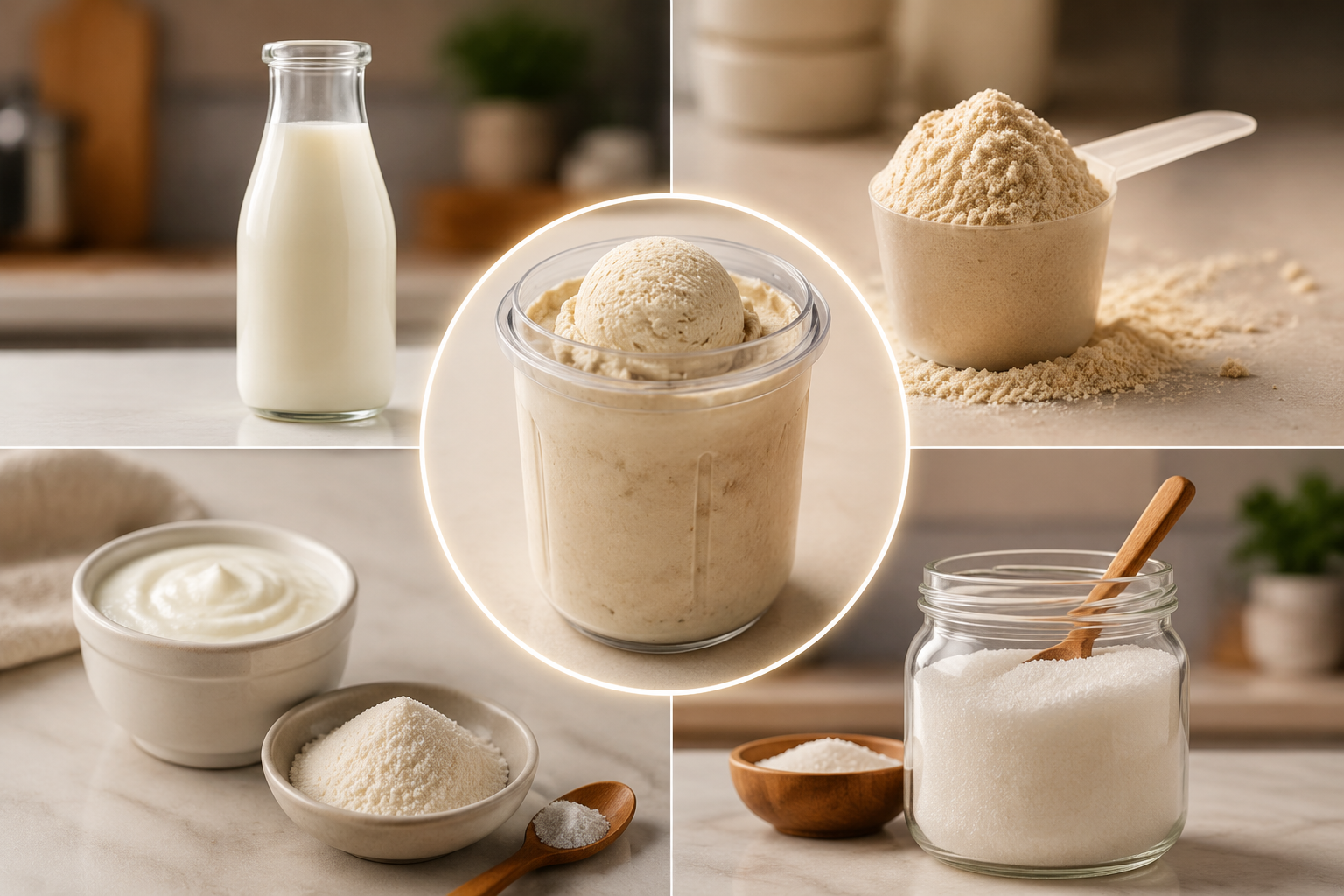 Four Ninja Creami ingredient groups arranged around a central pint: milk, protein powder, Greek yogurt with xanthan gum, and granulated sweetener.