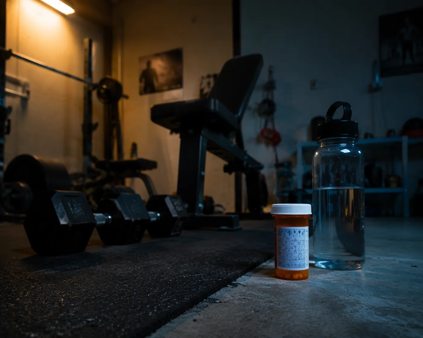 Dimly lit home gym with dumbbells, a bench, and a prescription bottle on the floor