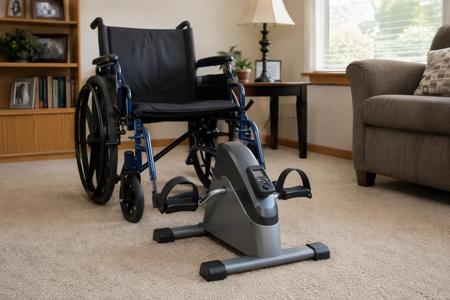 Portable pedal exerciser set on carpet in front of a wheelchair for home cardio