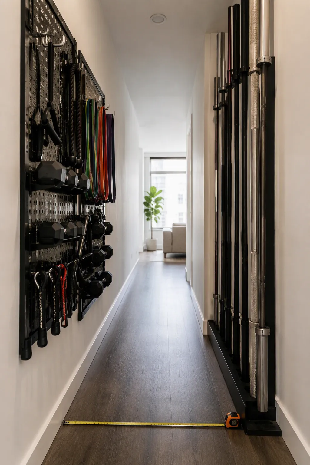Narrow apartment hallway with metal pegboard storage on one wall and an upright barbell rack on the opposite side