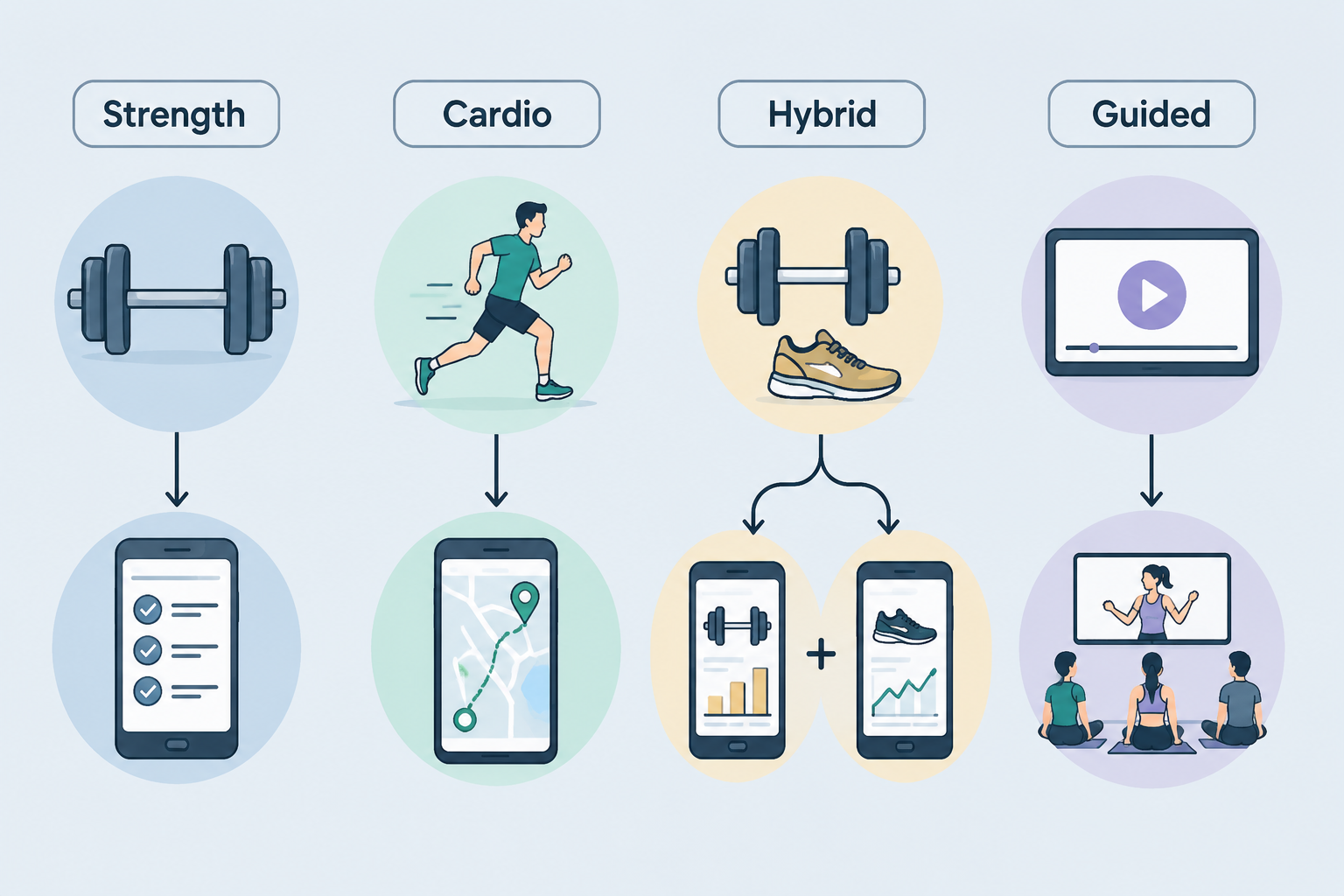 Comparison framework matching strength, cardio, hybrid, and guided training styles to app types