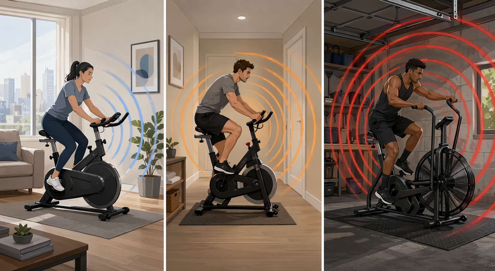 A comparison of magnetic, friction, and air resistance bikes showing increasing sound waves from apartment to garage settings