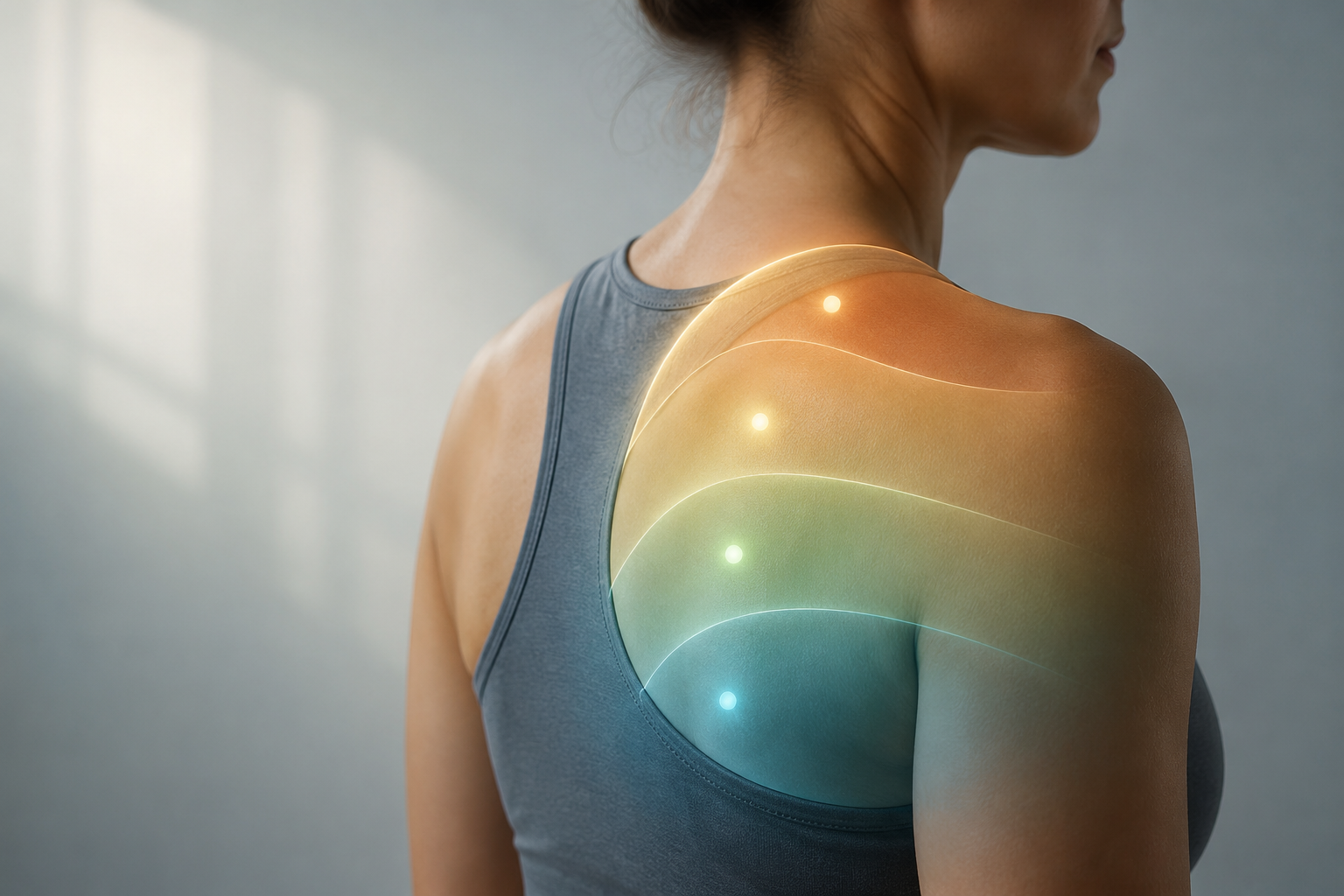 Back view of a shoulder with layered color bands suggesting staged recovery