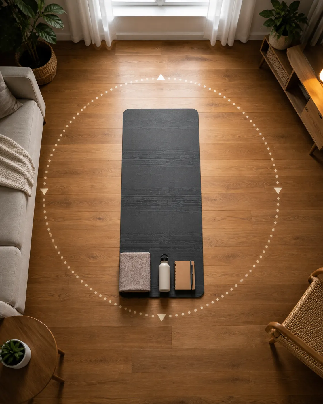 Compact exercise mat with towel, water bottle, and notebook arranged on a small apartment floor