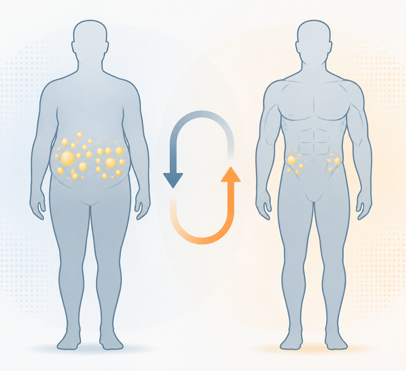 Minimalist illustration of fat decreasing and muscle definition increasing at the same time