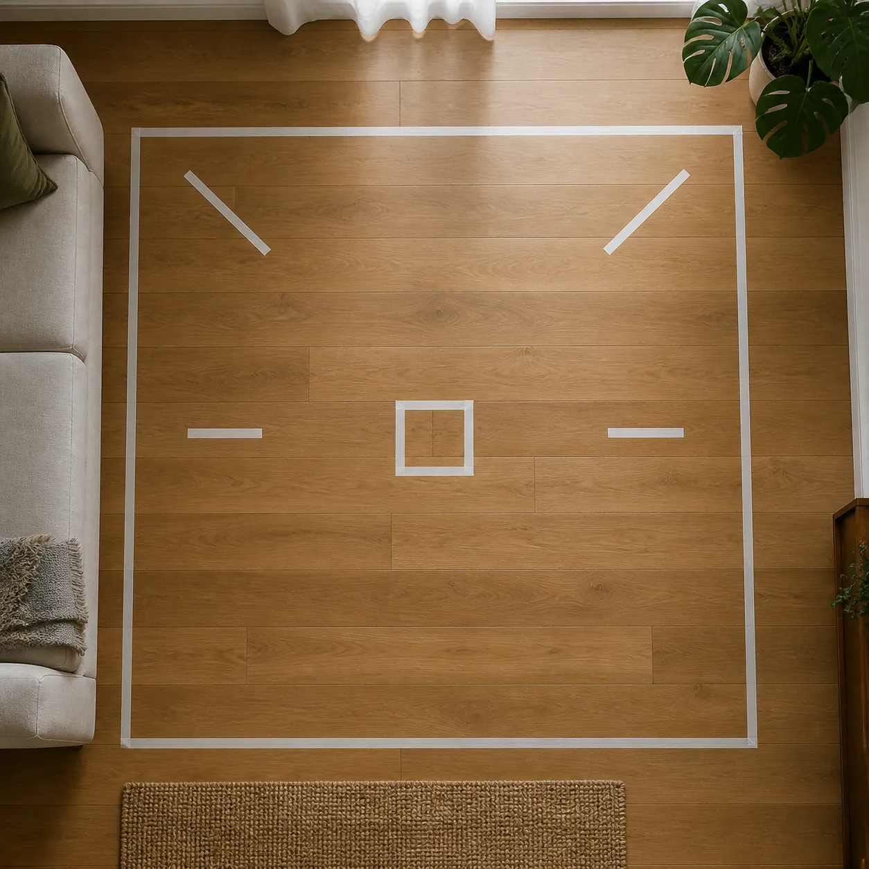 Top-down home tennis footwork layout with center recovery mark, lateral lines, and diagonal targets