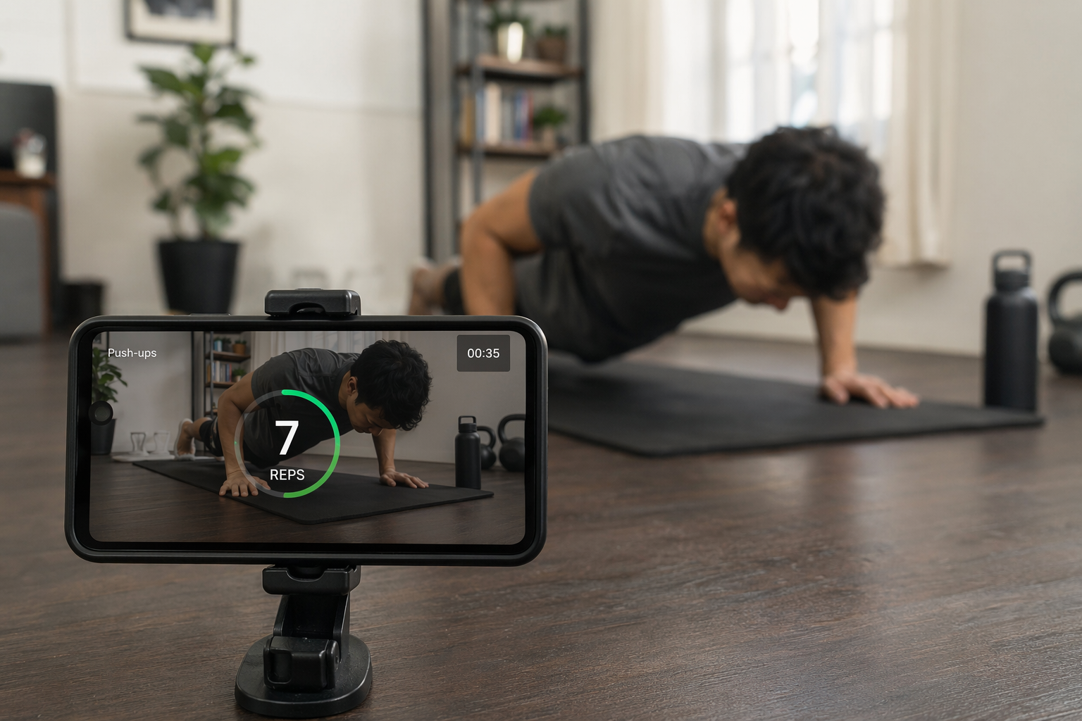 Smartphone propped on an exercise mat with its camera pointed at a person doing push-ups and a rep counter on screen