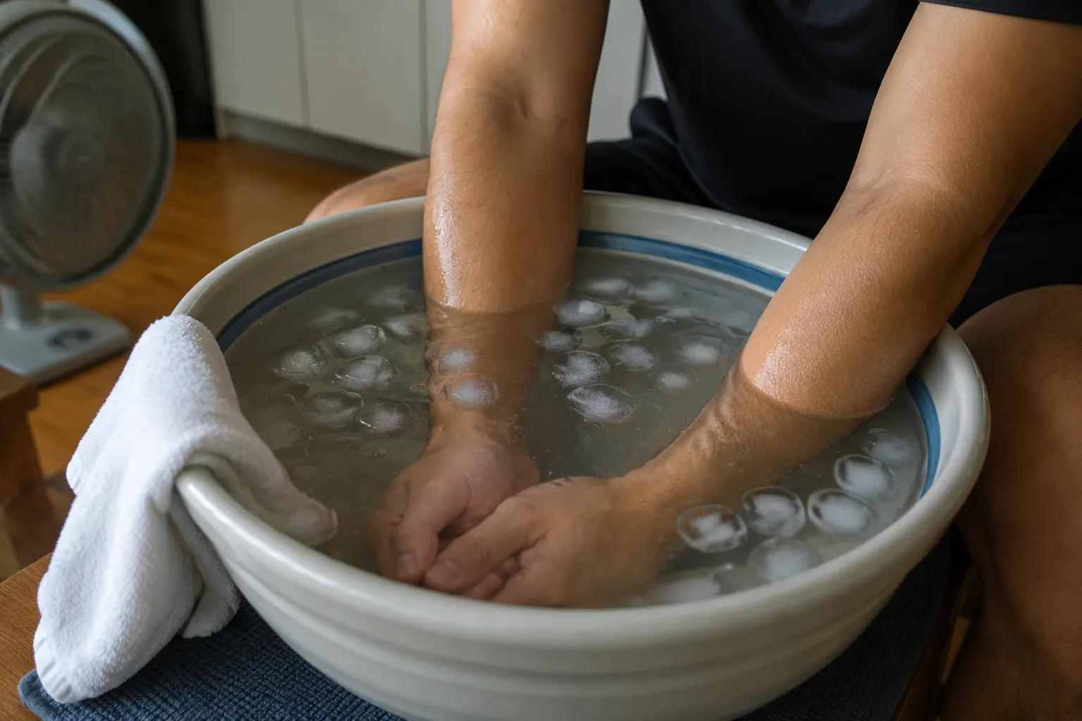 Forearms submerged in a bowl of cool water before a home workout
