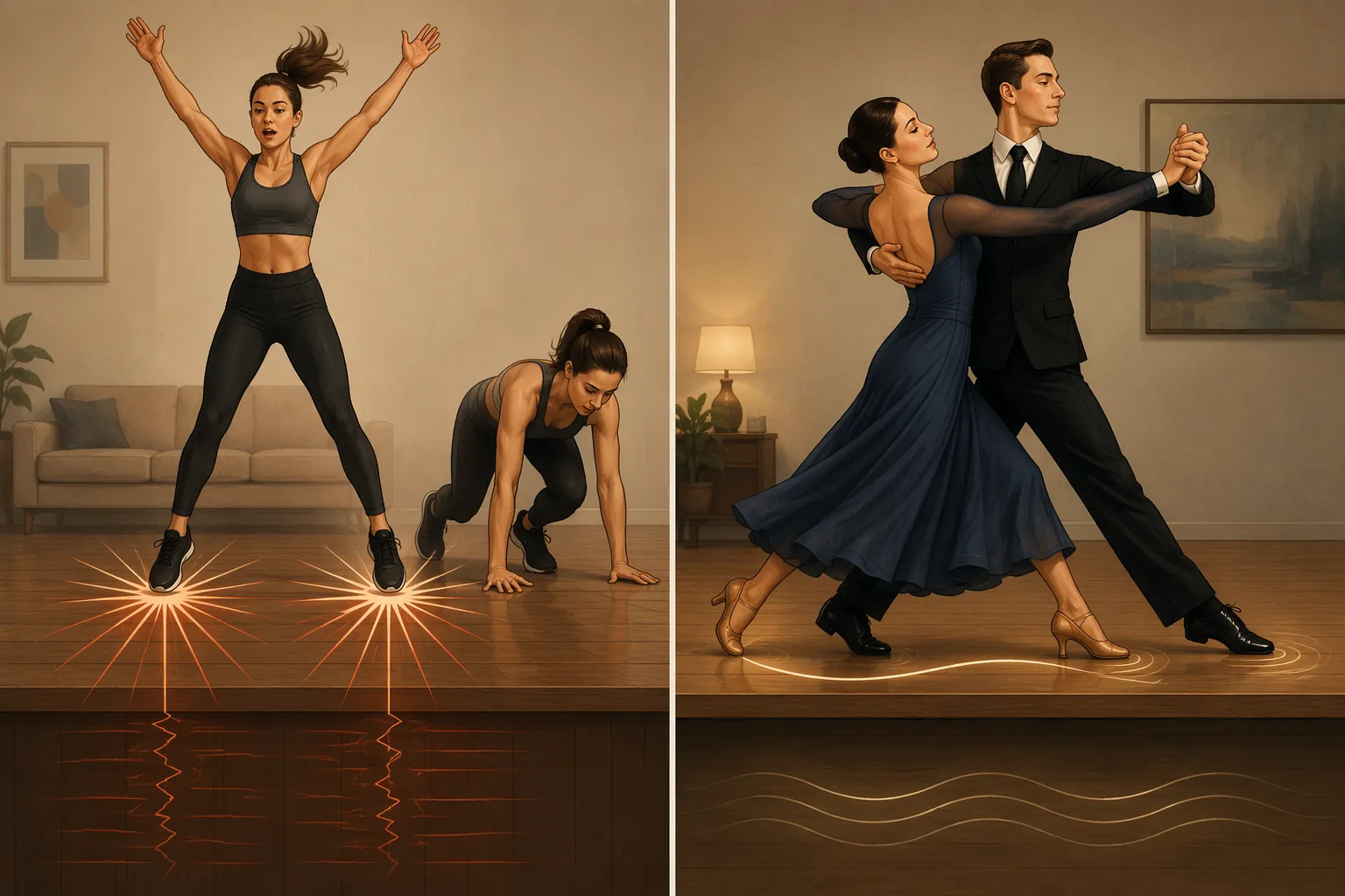 Comparison of hard jumping foot impact on wood flooring and smooth heel-to-toe ballroom footwork