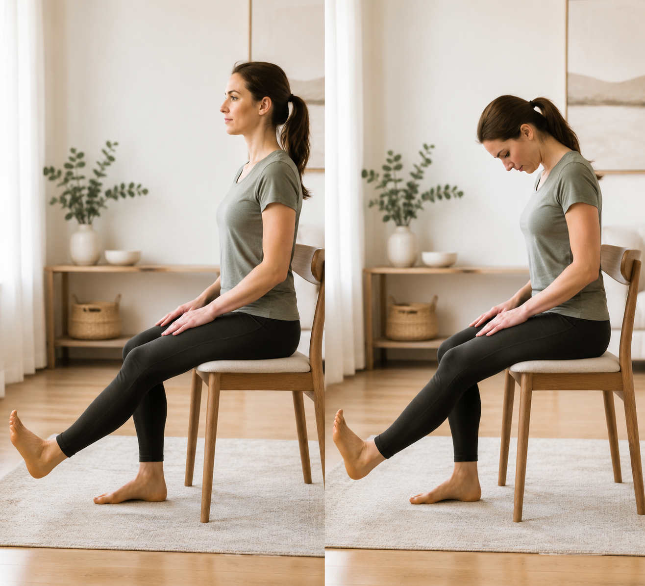 Person seated on a chair performing a gentle sciatic nerve glide with one leg extended