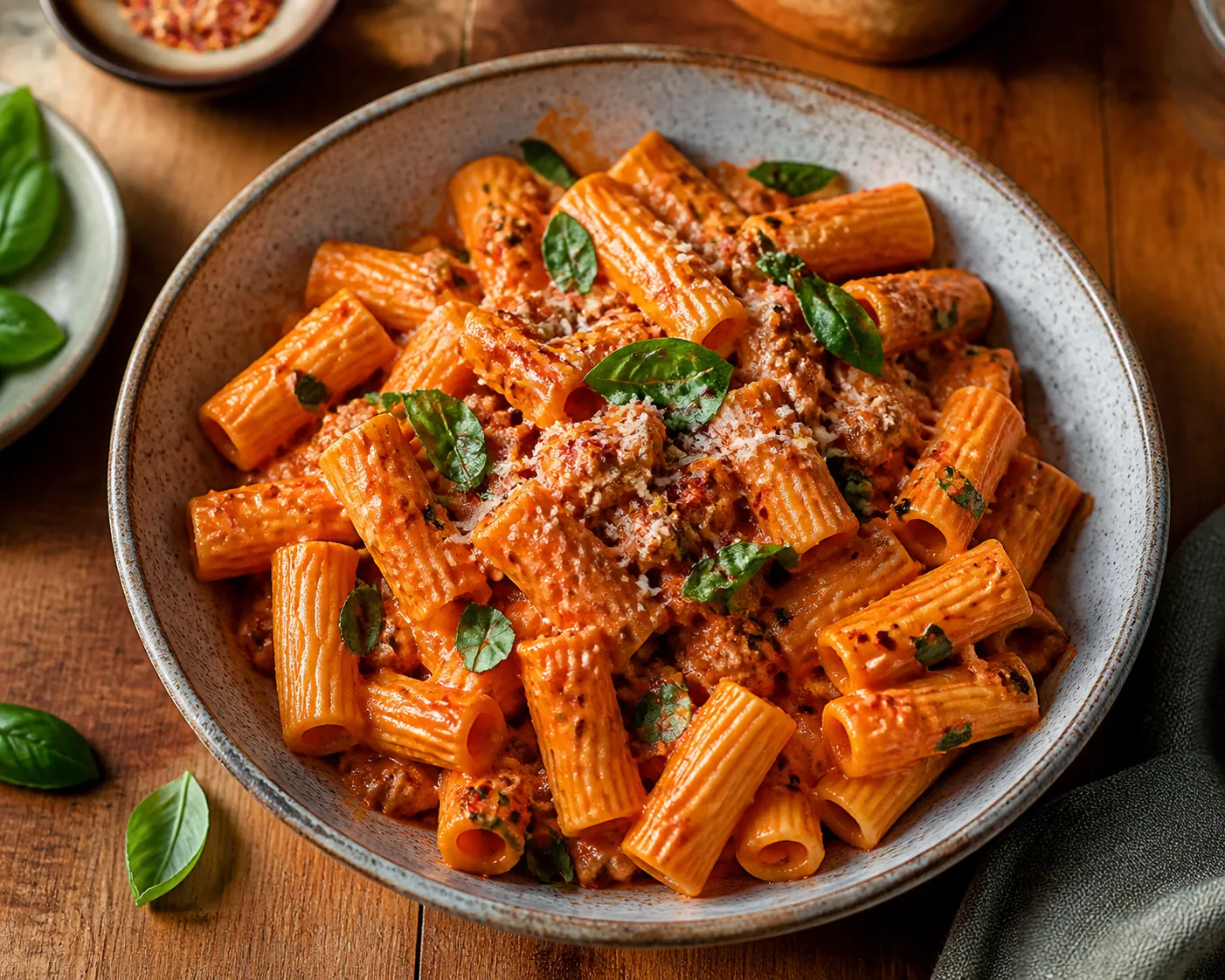 Bowl of spicy rigatoni with lean ground chicken in orange-red tomato cream sauce, chili flakes, basil, and parmesan