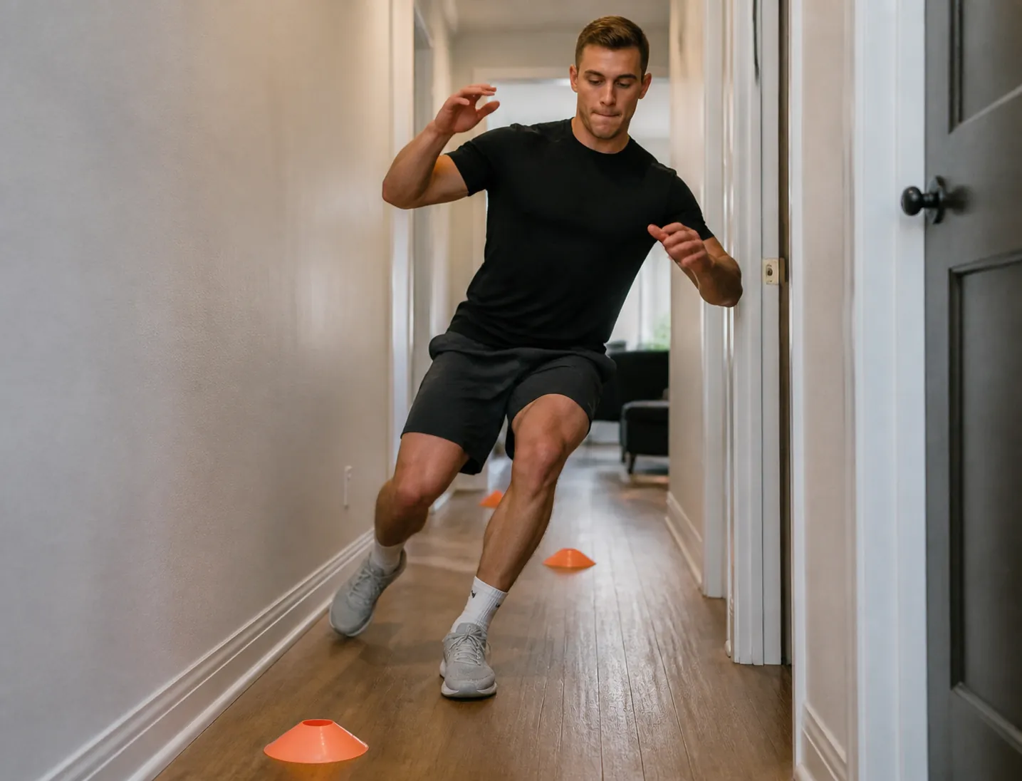 Adult practicing a controlled deceleration drill between cones in a narrow hallway
