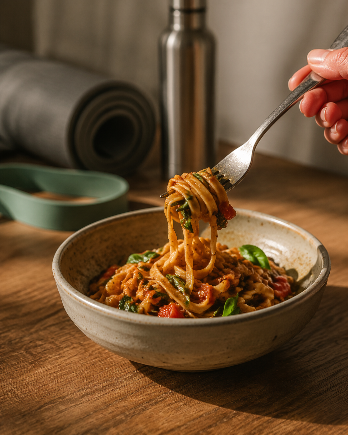 Fork twirling high-protein pasta in tomato-basil sauce with home workout gear in the background