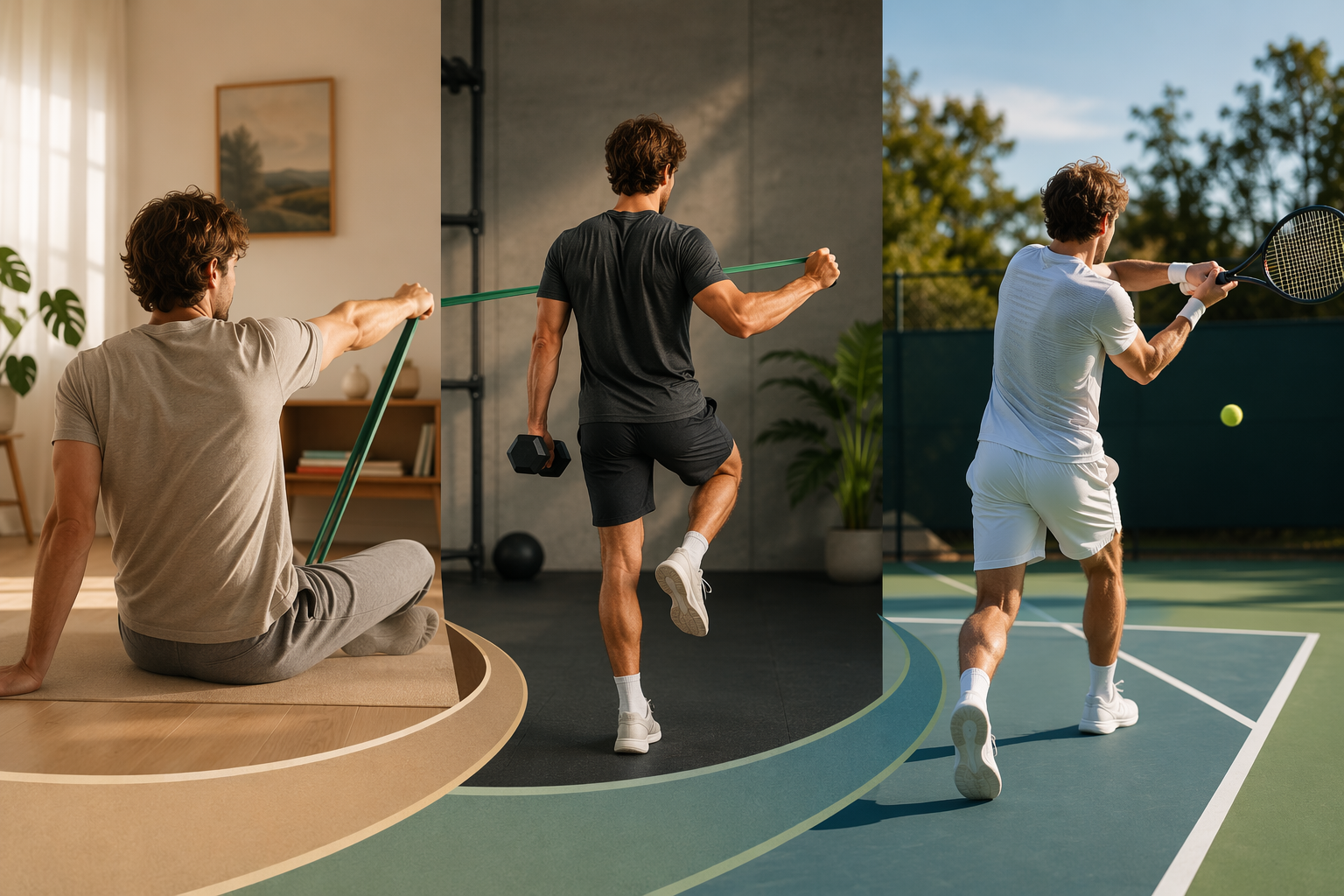 Three-panel illustration of a tennis player progressing from home mobility work to band strengthening to racket work on court