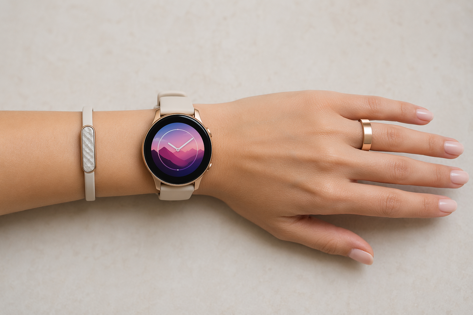 A small wrist comparing a slim patterned tracker, a smart ring, and a larger sport smartwatch to show scale differences
